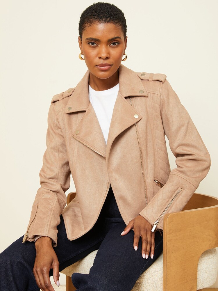 Love & Roses Brown Petite Suedette Quilted Biker Jacket - Image 1 of 4