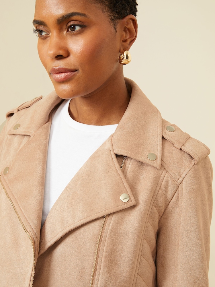 Love & Roses Brown Petite Suedette Quilted Biker Jacket - Image 2 of 4