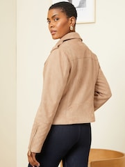 Love & Roses Brown Petite Suedette Quilted Biker Jacket - Image 3 of 4