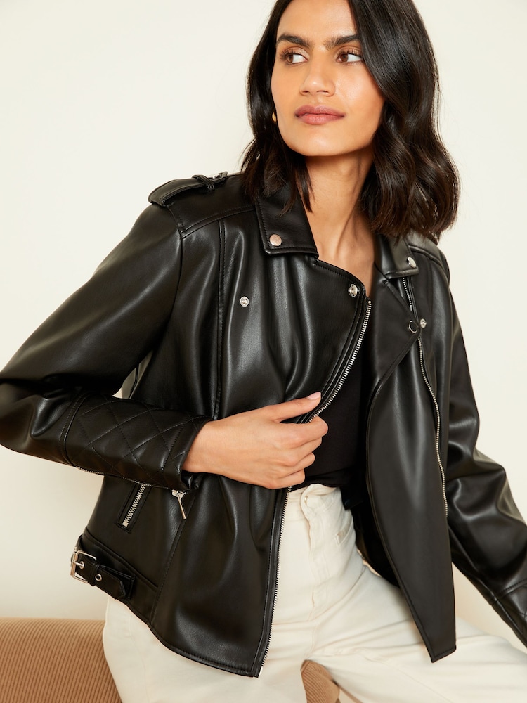 Love & Roses Black Petite Faux Leather Buckle Biker Jacket - Image 1 of 4
