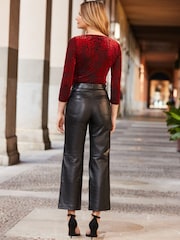 Sosandar Black Leather Wide Leg Cropped Trousers - Image 6 of 6