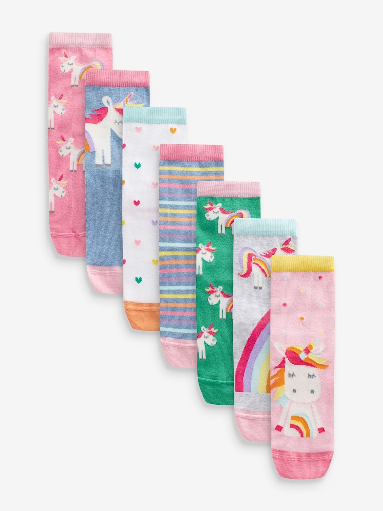 Pink, Green and blue 7 Pack Cotton Rich Unicorn Ankle Socks - Image 1 of 2