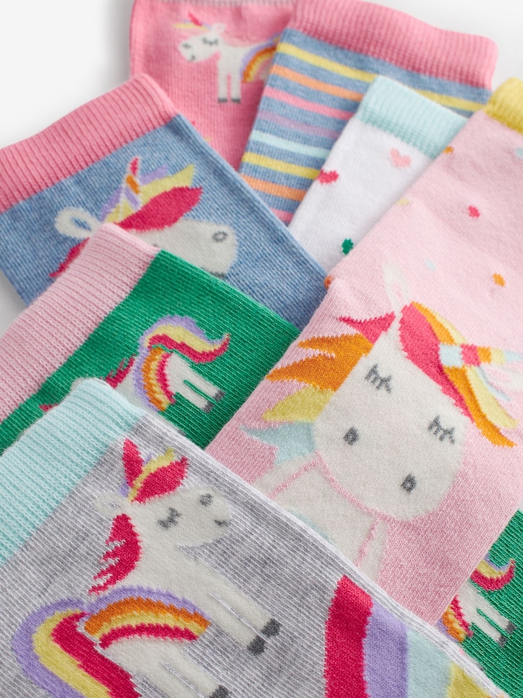 Pink, Green and blue 7 Pack Cotton Rich Unicorn Ankle Socks - Image 2 of 2