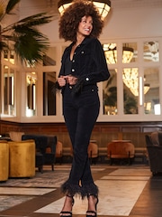 Sosandar Black Slim Velvet Feather Hem Leg Jeans - Image 1 of 4