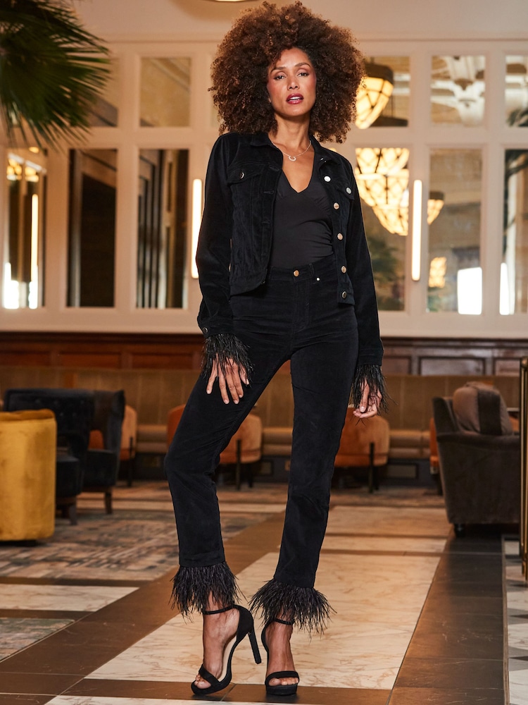 Sosandar Black Slim Velvet Feather Hem Leg Jeans - Image 4 of 4