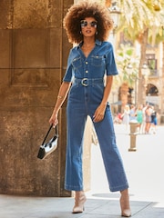 Sosandar Blue Tie Waist Crop Wide Leg Jumpsuit - Image 2 of 5