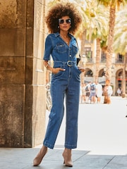 Sosandar Blue Tie Waist Crop Wide Leg Jumpsuit - Image 3 of 5