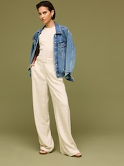 Neutral Belted Wide Leg Trousers With Linen - Image 1 of 6