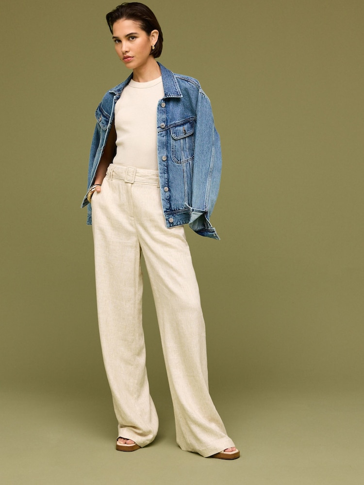 Neutrale Farbe - Hose mit Leinenanteil, weitem Bein und Gürtel - Bild 1 von 6 Neutrale Farbe - Hose mit Leinenanteil, weitem Bein und Gürtel - Bild 1 von 6