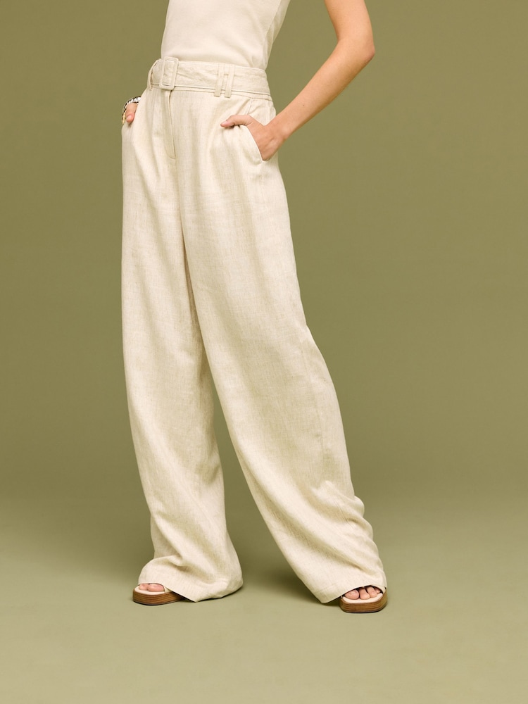 Neutral Belted Wide Leg Trousers With Linen - Image 2 of 6