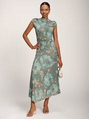 Jolie Moi Green Asymmetric Draped Mesh Midaxi Dress - Image 1 of 5