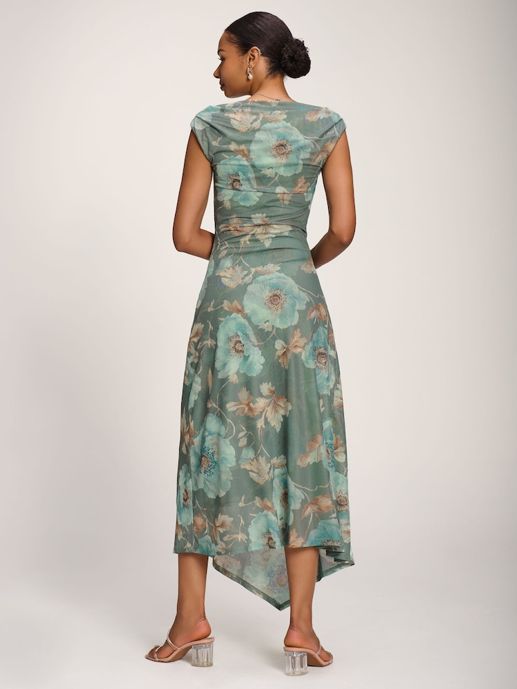 Jolie Moi Green Asymmetric Draped Mesh Midaxi Dress - Image 2 of 5