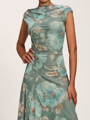 Jolie Moi Green Asymmetric Draped Mesh Midaxi Dress - Image 3 of 5