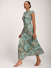 Jolie Moi Green Asymmetric Draped Mesh Midaxi Dress - Image 4 of 5