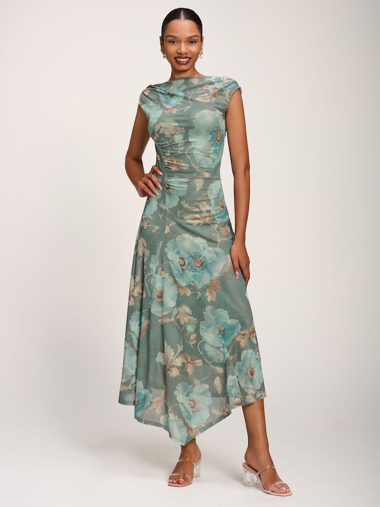 Jolie Moi Green Asymmetric Draped Mesh Midaxi Dress - Image 5 of 5