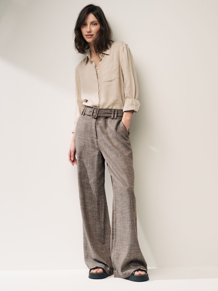Chocolate Brown Belted Wide Leg Trousers With Linen - Image 1 of 6 Chocolate Brown Belted Wide Leg Trousers With Linen - Image 1 of 6