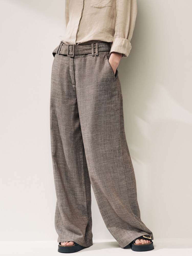 Chocolate Brown Belted Wide Leg Trousers With Linen - Image 2 of 6 Chocolate Brown Belted Wide Leg Trousers With Linen - Image 2 of 6
