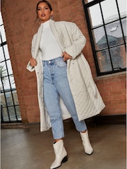 Chi Chi London Cream Diamond Quilted Longline Belted Coat - Image 1 of 4