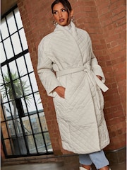 Chi Chi London Cream Diamond Quilted Longline Belted Coat - Image 2 of 4