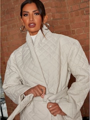 Chi Chi London Cream Diamond Quilted Longline Belted Coat - Image 3 of 4