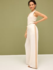 Neutral/Tan Linen Blend Side Stripe Track Trousers - Image 1 of 7