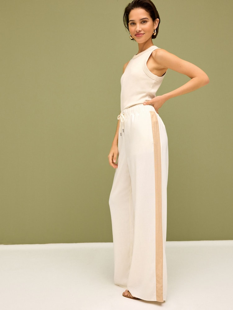 Neutral/Tan Linen Blend Side Stripe Track Trousers - Image 1 of 7