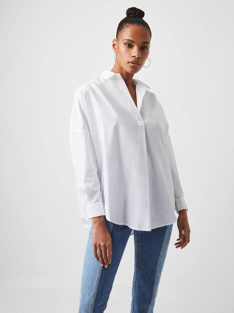 French Connection White Rhodes Long Sleeve Popover 100% Cotton Shirt - Image 1 of 4