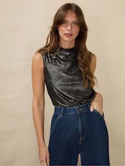 Ro&Zo Metallic Silver Jersey V-Neck Twist Front Top - Image 1 of 6
