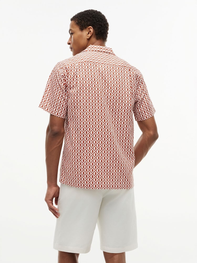 Tommy Hilfiger Orange Regular Linen Blend Print Short Sleeve Shirt - Image 2 of 5 Tommy Hilfiger Orange Regular Linen Blend Print Short Sleeve Shirt - Image 2 of 5
