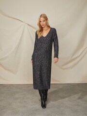 Ro&Zo Sparkle Sequin V-Neck Knitted Black Dress - Image 1 of 7