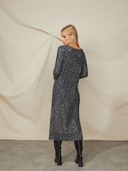 Ro&Zo Sparkle Sequin V-Neck Knitted Black Dress - Image 3 of 7