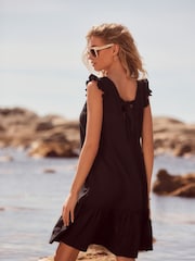 Black Ruffle Sleeve V-Neck Linen Blend Summer Dress - Image 3 of 6