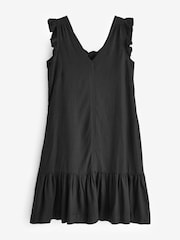 Black Ruffle Sleeve V-Neck Linen Blend Summer Dress - Image 5 of 6