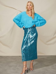 Ro&Zo Blue Liquid Sequin Twist Front Skirt - Image 1 of 6