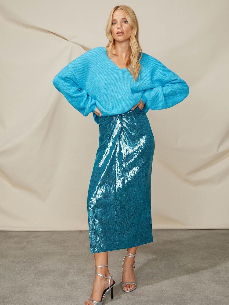 Ro&Zo Blue Liquid Sequin Twist Front Skirt - Image 1 of 6