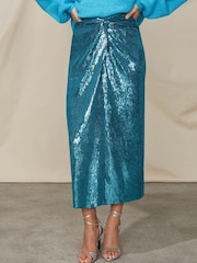 Ro&Zo Blue Liquid Sequin Twist Front Skirt - Image 4 of 6