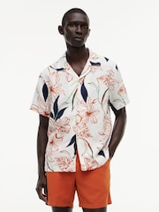 Tommy Hilfiger Cream Regular Tropical Print Linen Short Sleeve Shirt - Image 1 of 5
