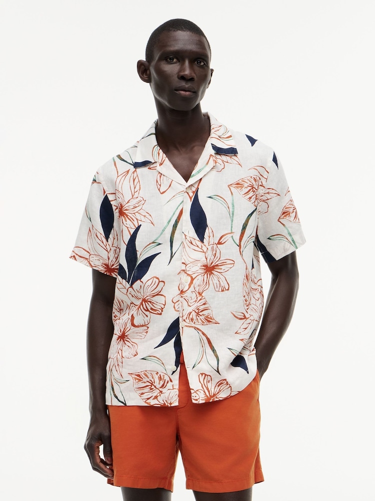 Tommy Hilfiger Cream Regular Tropical Print Linen Short Sleeve Shirt - Image 1 of 5 Tommy Hilfiger Cream Regular Tropical Print Linen Short Sleeve Shirt - Image 1 of 5