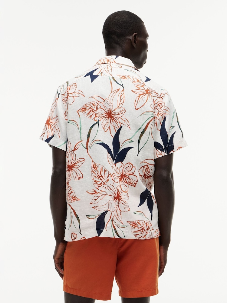 Tommy Hilfiger Cream Regular Tropical Print Linen Short Sleeve Shirt - Image 2 of 5 Tommy Hilfiger Cream Regular Tropical Print Linen Short Sleeve Shirt - Image 2 of 5