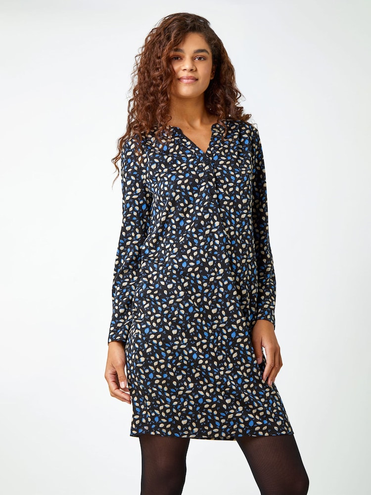 Roman Blue Leaf Print Button Detail Pocket Dress - Image 1 of 5