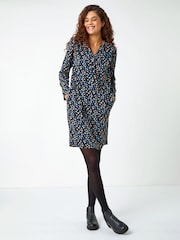 Roman Blue Leaf Print Button Detail Pocket Dress - Image 3 of 5