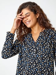 Roman Blue Leaf Print Button Detail Pocket Dress - Image 4 of 5