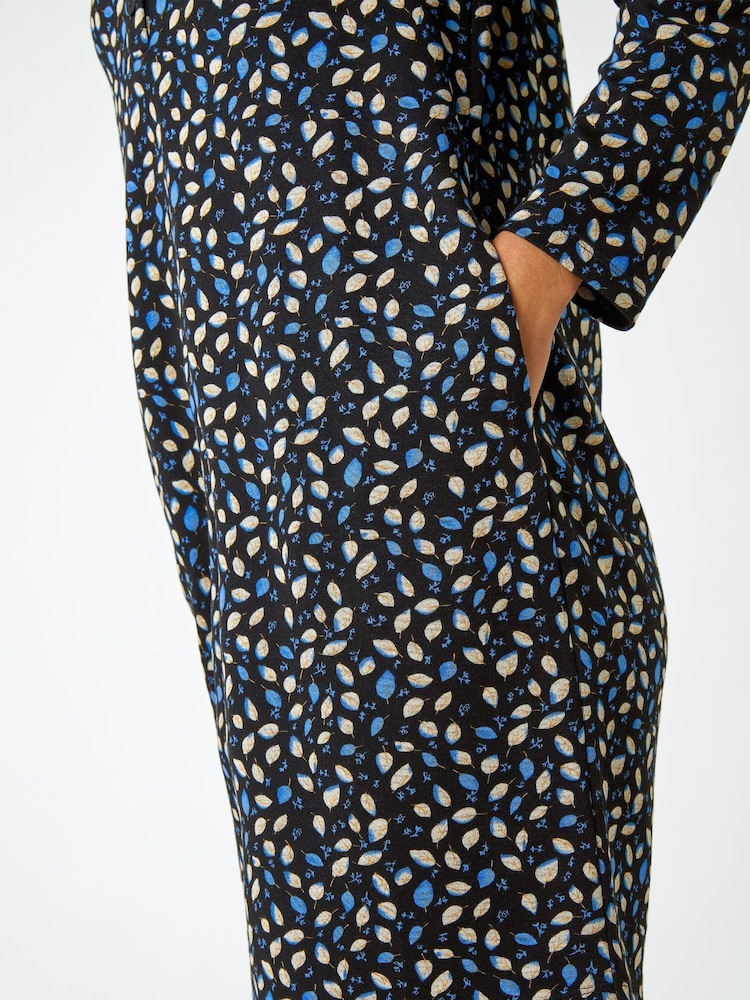 Roman Blue Leaf Print Button Detail Pocket Dress - Image 5 of 5