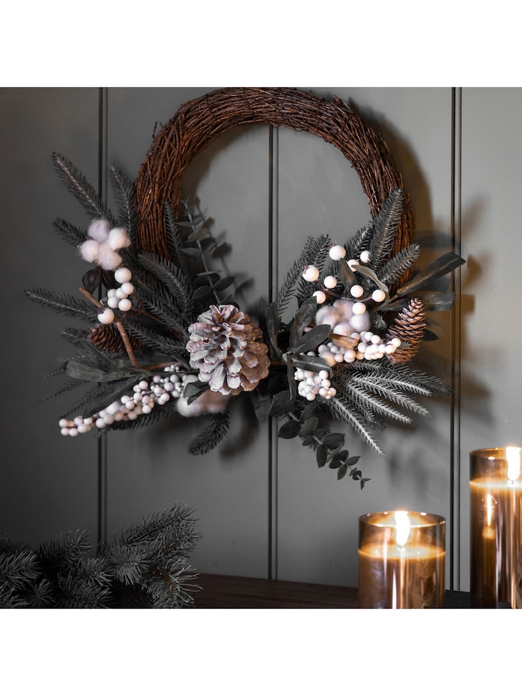 Gallery Home Green Christmas Mixed Pine & Cotton Wreath 450x120x450mm - Image 1 of 3