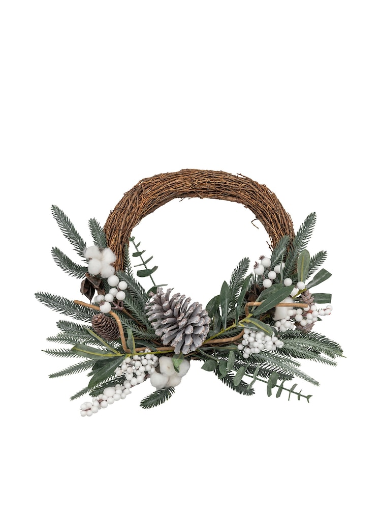 Gallery Home Green Christmas Mixed Pine & Cotton Wreath 450x120x450mm - Image 3 of 3