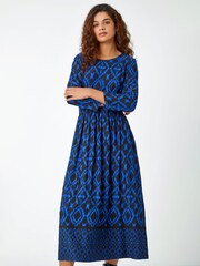 Roman Blue Roman Patterned Border Print Midi Stretch Dress - Image 1 of 5
