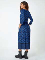 Roman Blue Roman Patterned Border Print Midi Stretch Dress - Image 2 of 5