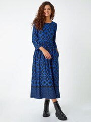 Roman Blue Roman Patterned Border Print Midi Stretch Dress - Image 3 of 5