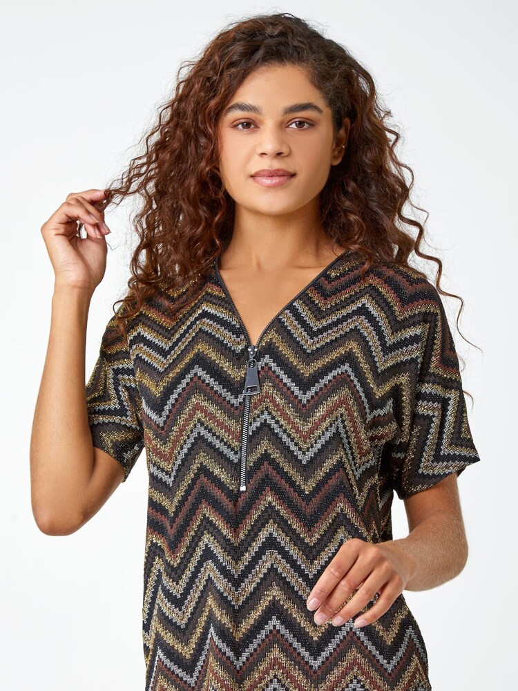 Roman Metallic Shimmer Zig Zag Zip Front Top - Image 1 of 5