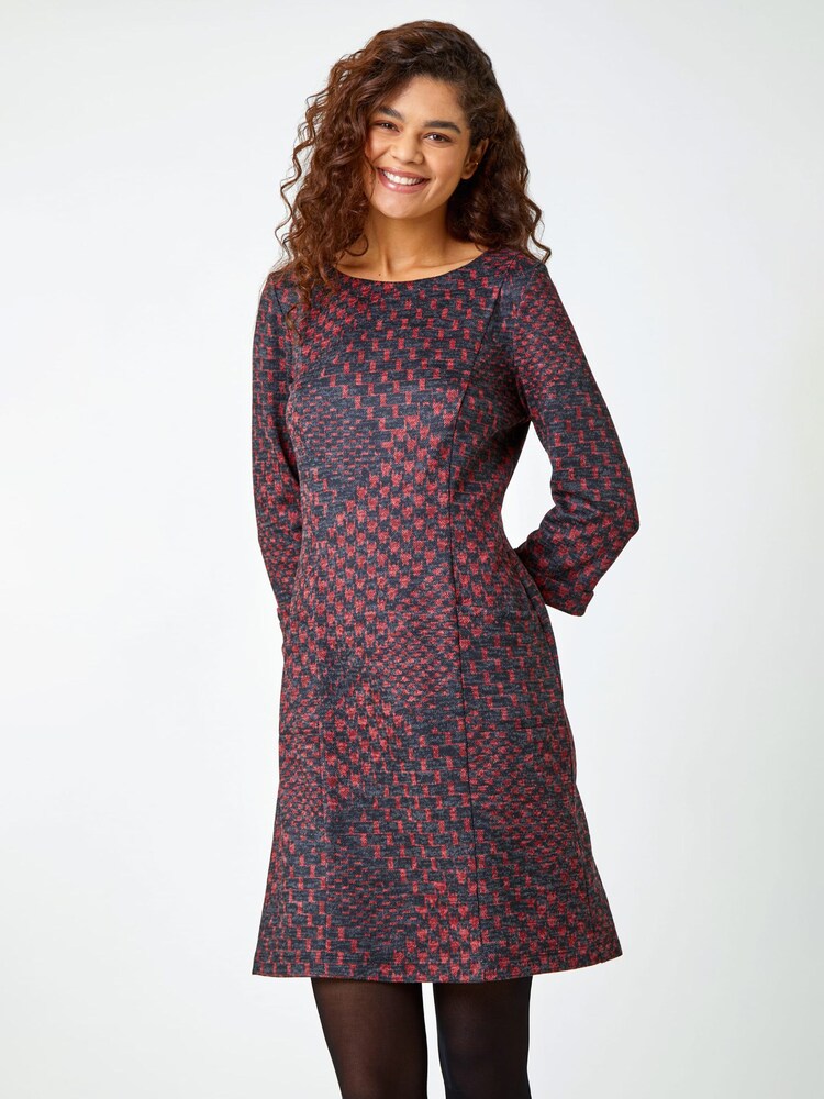 Roman Red Check Turn Sleeve Pocket Shift Dress - Image 1 of 5